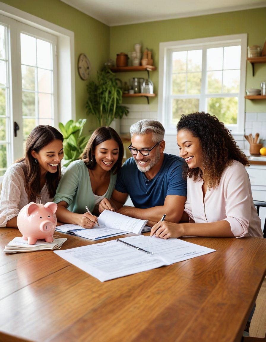 A serene family scene with diverse family members happily reviewing trustworthy insurance documents at a kitchen table, surrounded by symbols of financial security like a piggy bank, a calculator, and a house model. The background features a light, airy kitchen with plants and bright sunlight. Emphasize warmth and trustworthiness. super-realistic. vibrant colors.